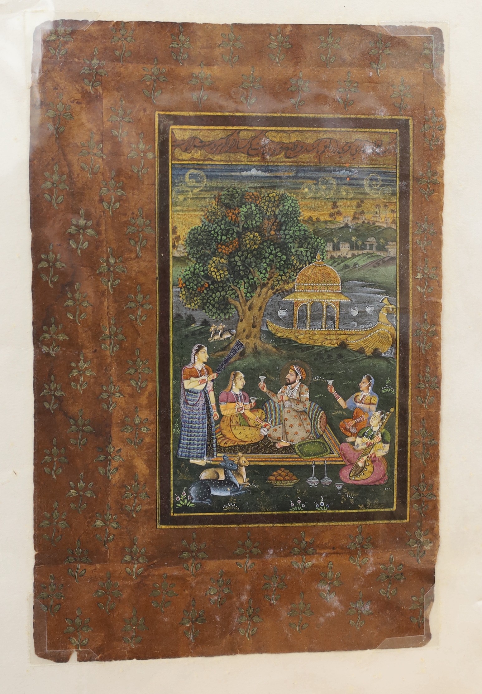 Indian School, gouache on paper, Figures in a garden, overall 27 x 18cm, unframed